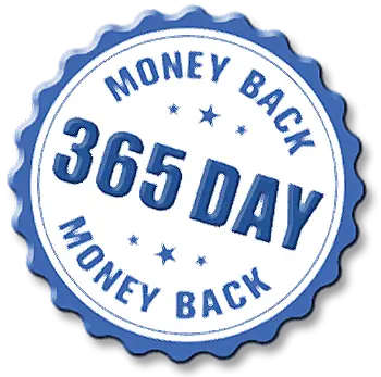 Circular badge with blue and white text stating 365 day money back