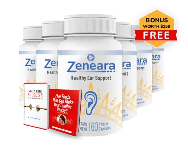 six bottles of Zeneara Healthy Ear Support with a free bonus offer for two books on tinnitus management and stress relief.