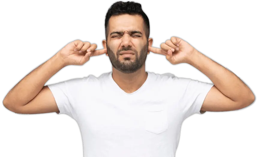 A person in a white t-shirt holds their fingers to their ears, signaling a desire to block out noise.