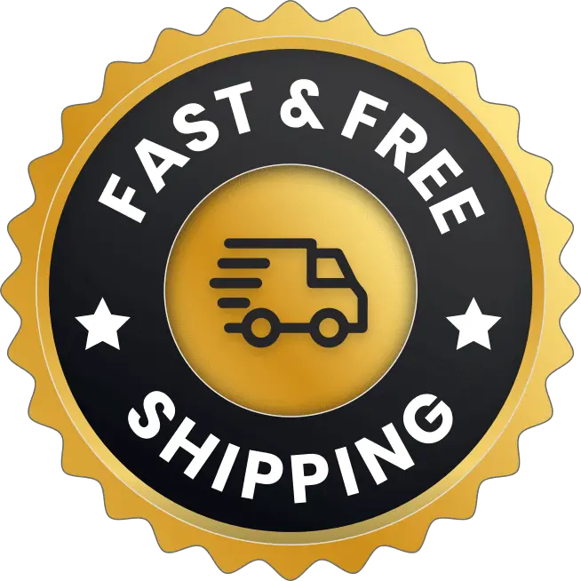 Gold seal graphic with bold text fast and free shipping