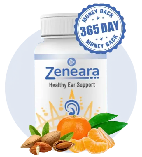 Bottle of Zeneara Healthy Ear Support surrounded by almonds and citrus, featuring a 365-day money-back guarantee badge.