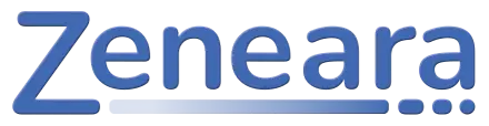 Logo of Zeneara, featuring the name in bold blue font with a modern design and distinctive punctuation.