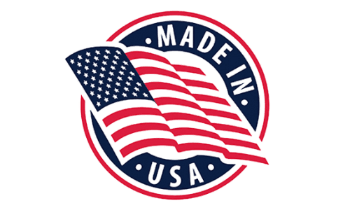 Circular badge featuring the American flag with the text 