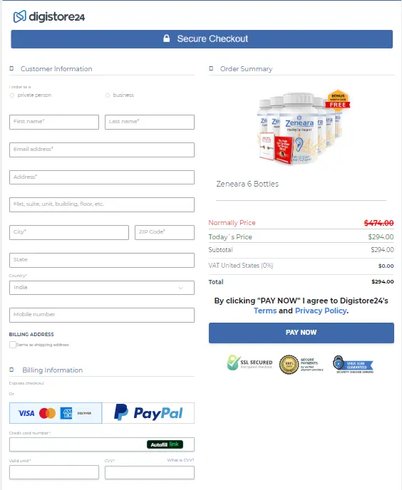 Checkout page for Zeneara with price details, personal information fields, and payment options displayed on the Digistore24 platform.