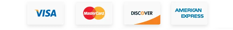 Logos of major credit cards: Visa, MasterCard, Discover, and American Express displayed on a white background.