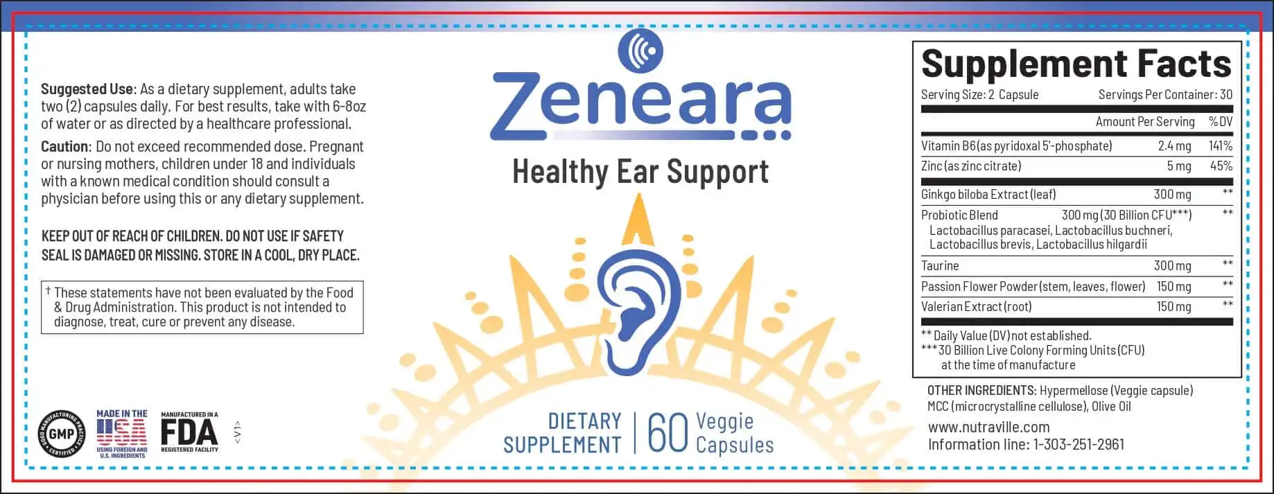 Label for Zeneara Healthy Ear Support dietary supplement, featuring usage instructions, ingredient list, and safety cautions.